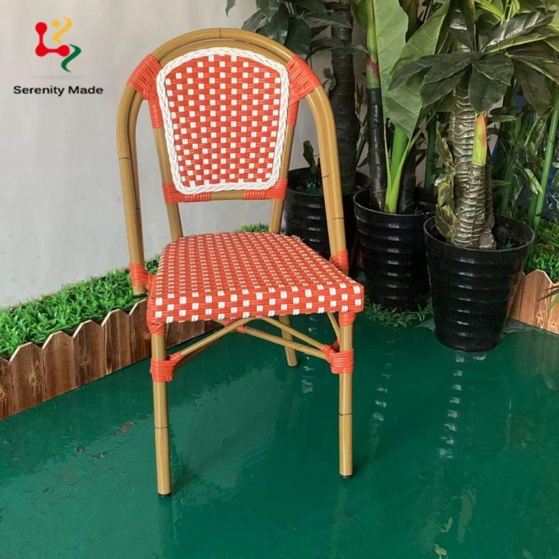 Hot Sale Outdoor Furniture French Style Colourful Restaurant Cafe Coffee Shop Rattan Aluminium Frame Dining Chair