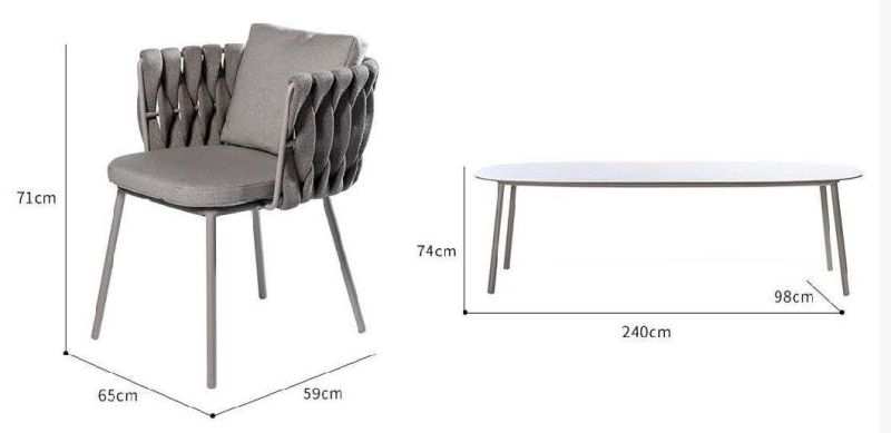 New Arrive Anti-Proof Hotel Outdoor Furniture Home Garden Use 6 People Villa Dining Chair Table Set in Rattan Rope Frame Aluminium Leg
