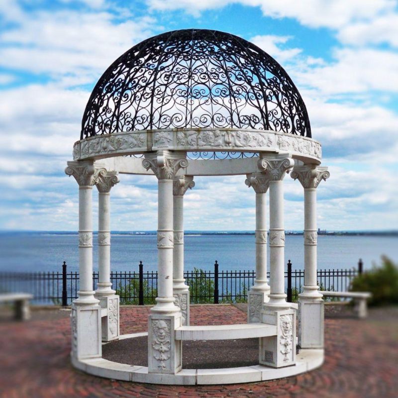 White Marble Gazebo with Cast Iron Roof for Outdoor Decoration