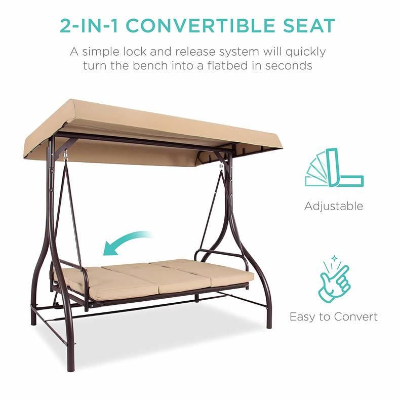 Outdoor Swinging Chair Adjustable Back with Canopy and Cup Holder