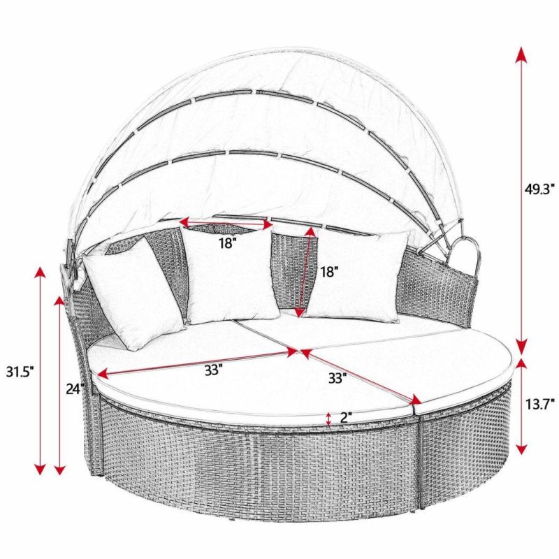 Outdoor Patio Round Daybed with Retractable Canopy Rattan Furniture Sectional Seating with Washable Cushions for Patio Backyard Porch Pool Patio Daybed Separate