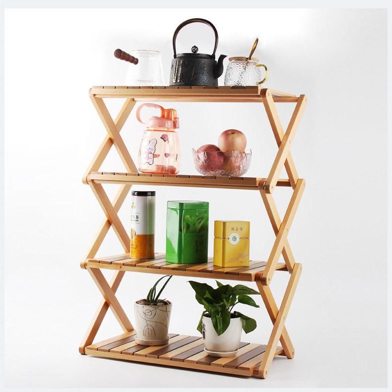 High Quality Folding Storage Rack Household Heavy Duty Four-Layer Solid Wood Shelf