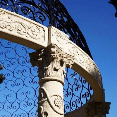 Beige Marble Stone Gazebo with Cast Iron Roof for Garden