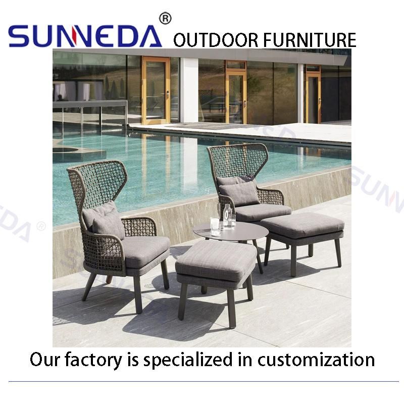 Outdoor Chair Set Used Round Rope to Weave Honeycomb with Glazed Glass Table