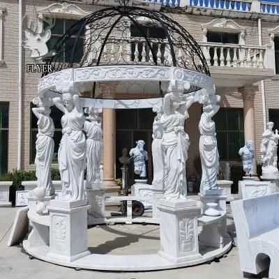 Natural Marble Stone Column Gazebo with Lady Sculptures with Iron Dome for Garden Decoration