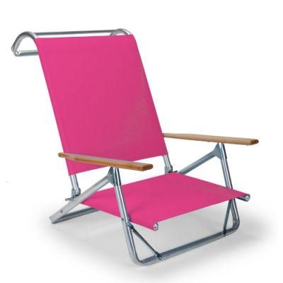 Fashionable Stylish Folding Chair in Pink, Aluminum Beach Chair with Wooden Armrest, Camping Chair with Lower Seat and Back Hand Holder