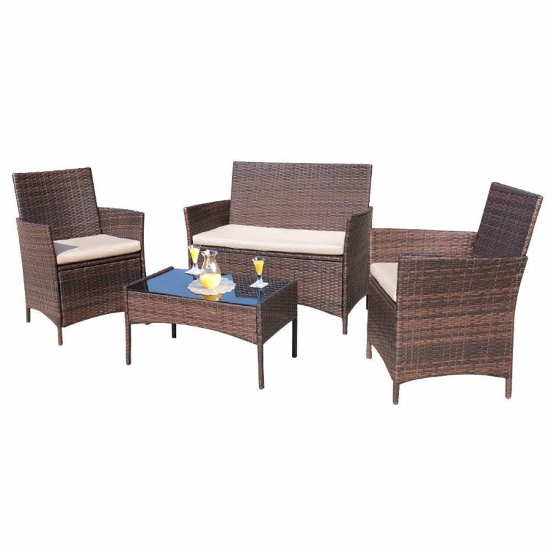 4 Pieces Outdoor Patio Furniture Sets Rattan Chair Wicker Set, Outdoor Indoor Use Backyard Porch Garden Poolside Balcony Furniture (Medium)