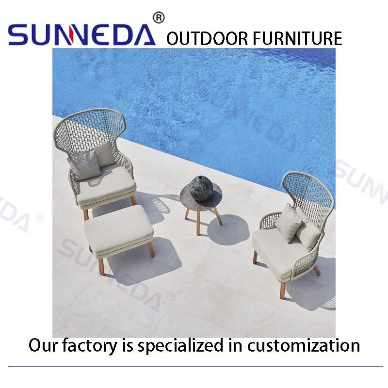 Outdoor Chair Set Used Round Rope to Weave Honeycomb with Glazed Glass Table