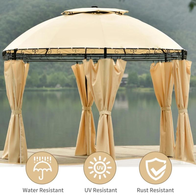 Solar LED Round Gazebo Tent 11*11FT Outdoor Patio Steel Frame