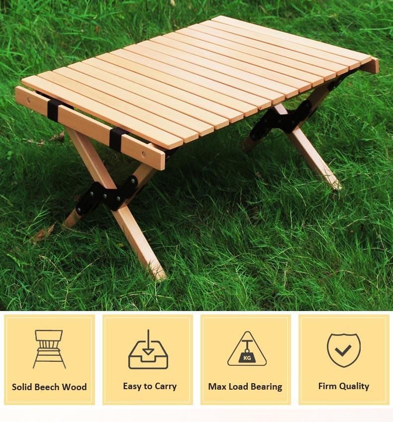 OEM Quality Outdoor Camping Picnic Multi Functional Egg Roll Beech Table Solid Wood Folding Table