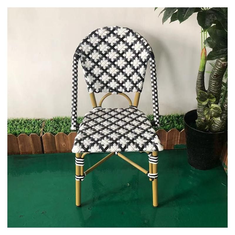 Commercial Outdoor PE Rattan Rope Woven Aluminum Imitate Bamboo Frame Black Patio Cafe Chair