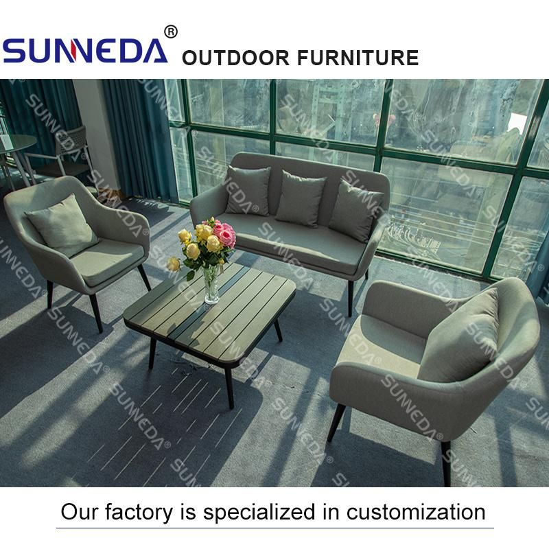 Outdoor Furniture Aluminum Leisure Villa Garden Hotel Backyard Blue Sofa with Cushion Table