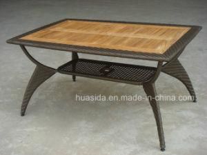 Aluminum Rattan Table with Teak Top for Outdoor Space