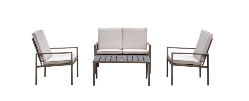 PE Metal Steel Wood Grain Patio PE Steel Lounger and Coffee Sets in Cuppchino off White Anthracite Color Coffee Table Set in Modern Furniture