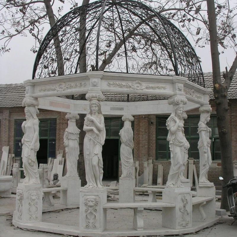 Outdoor White Marble Gazebo with Caryatid for Garden Park Decoration