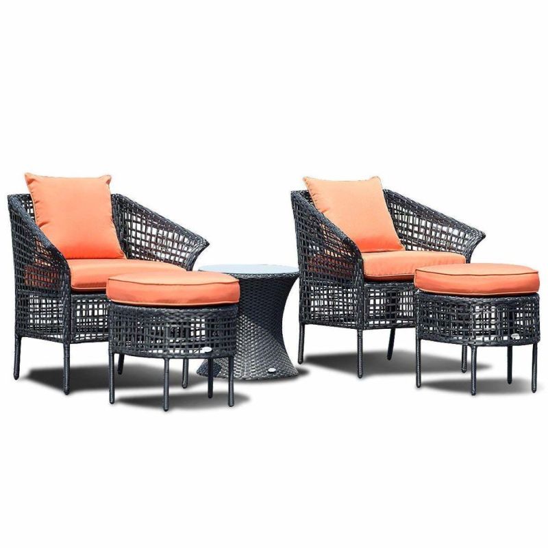5PCS Patio Rattan Sofa Ottoman Furniture Set Outdoor Garden Lawn Wicker Rattan Conversation Sofa Set W/Cushions (Orange)