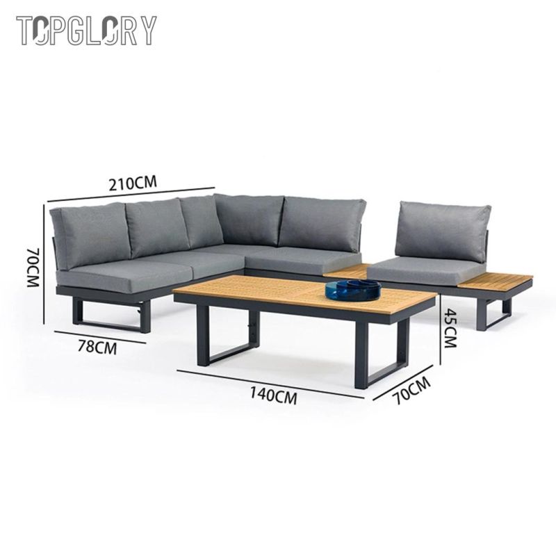 Aluminum Frame Outdoor Teak Sectional Corner Sofa with Side Coffee Table