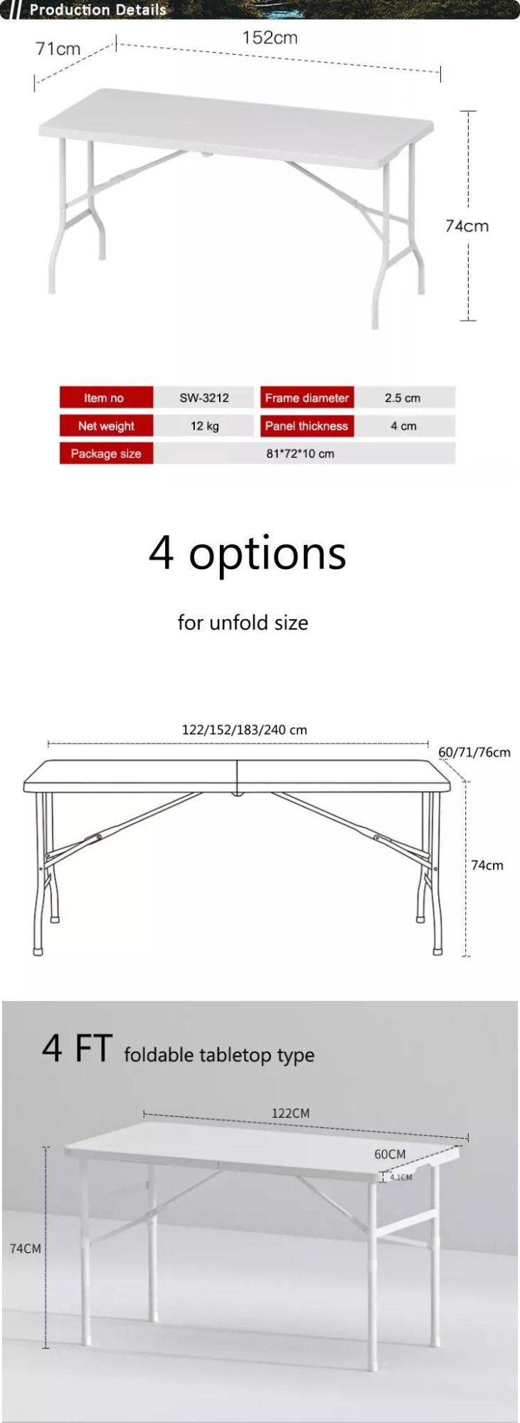 5FT Rectangle Foldable Camping Outdoor Picnic Dining White Plastic Folding Tables