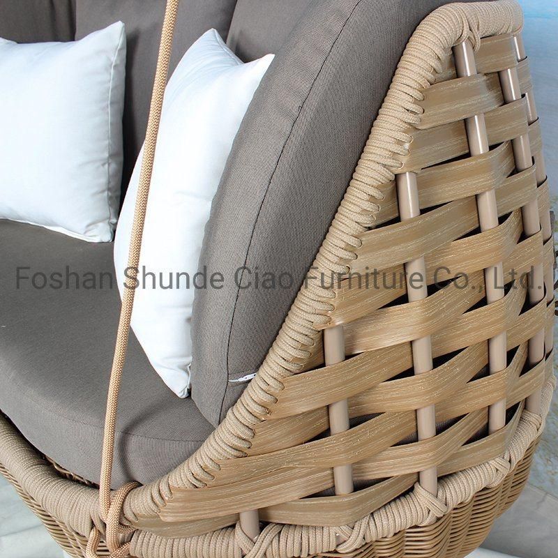 Leisure Courtyard Aluminum Wide PE Wicker Double Garden Hanging Swing Chairs Outdoor Furniture with Cushion