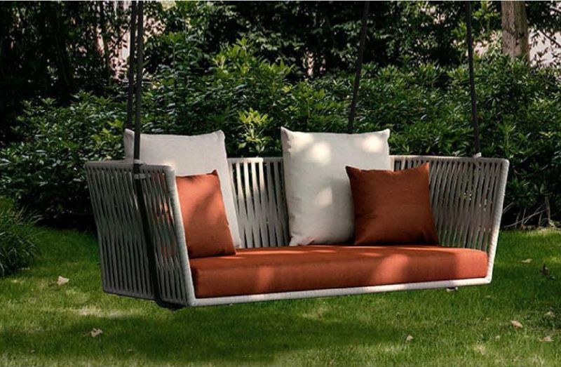 Home Patio Garden Furniture Hotel Villa Double Rectangular Wicker Rattan Swing Hanging Leisure Chair with Metal Stand
