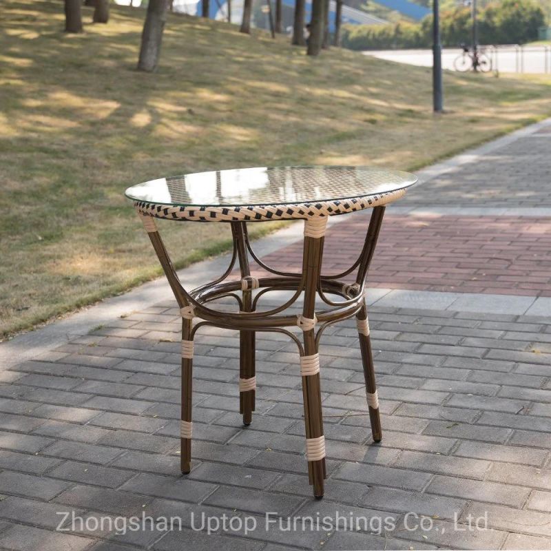 (SP-AT410) Restaurant Dining Outdoor Plastic Rattan Table with Glass Top