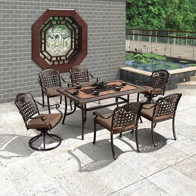 6 Seats Black Garden Dining Table Set Cast Aluminum Outdoor Furniture Metal Patio Furniture