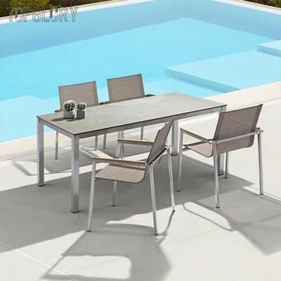 Modern Outdoor Furniture Stainless Steel Tube Frame Armrest Design Imported Dining Table and Chair