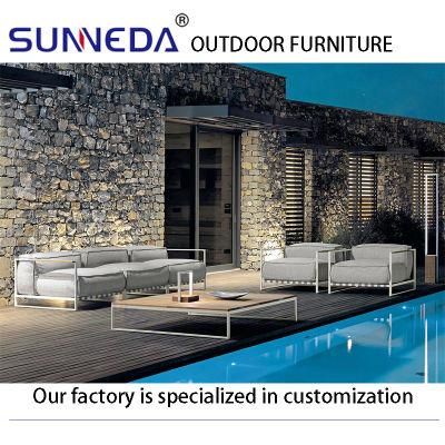 Modern Design Outdoor Furniture White Cushioned Sofa with Teak Coffee Table