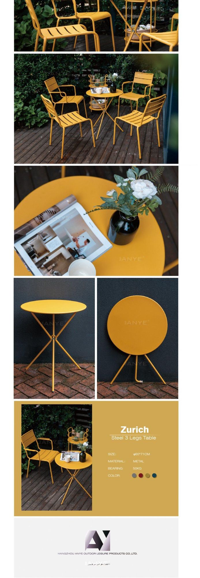 Outdoor Modern Backyard Furniture Rust Resistant Steel 3 Leg Tea Table Yellow Round Table