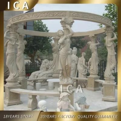 Garden Decorative Yellow Marble Gazebo with Women Sculpture