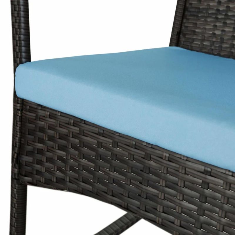 Rattaner Outdoor 3 Piece Wicker Rocking Chair Set Patio Bistro Set Conversation Furniture-2 Rocker Chair and Glass Coffee Side Table-& Blue Cushion