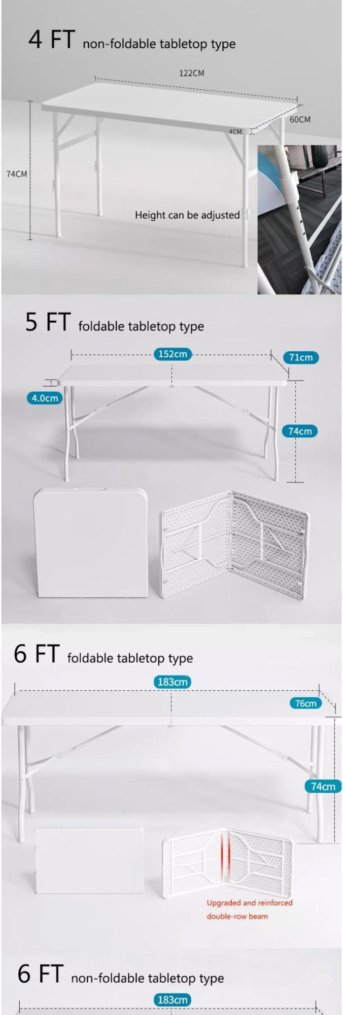 5FT Rectangle Foldable Camping Outdoor Picnic Dining White Plastic Folding Tables