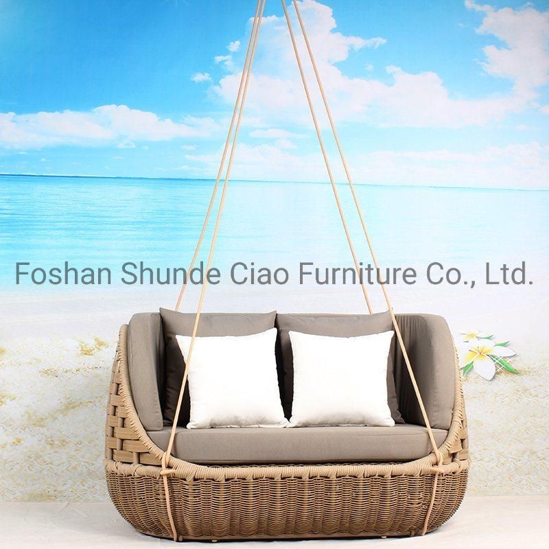 Leisure Courtyard Aluminum Wide PE Wicker Double Garden Hanging Swing Chairs Outdoor Furniture with Cushion