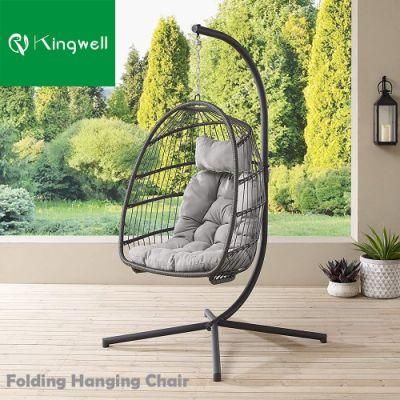 New Style Outdoor Folding Patio Metal PE Rattan Garden Hanging Chair with Different Colorful Cushion