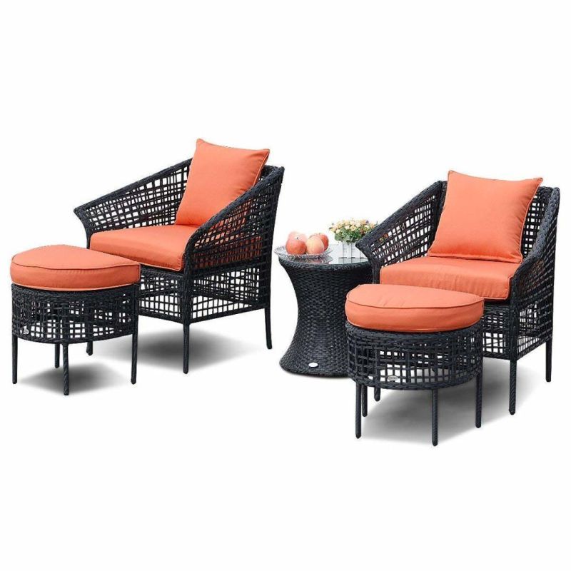 5PCS Patio Rattan Sofa Ottoman Furniture Set Outdoor Garden Lawn Wicker Rattan Conversation Sofa Set W/Cushions (Orange)