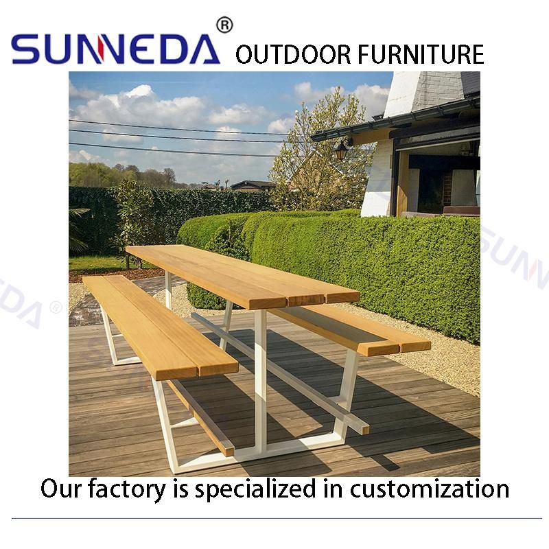 Outdoor Iron Square Tube Frame with Eucalyptus Wood Bench Table Set