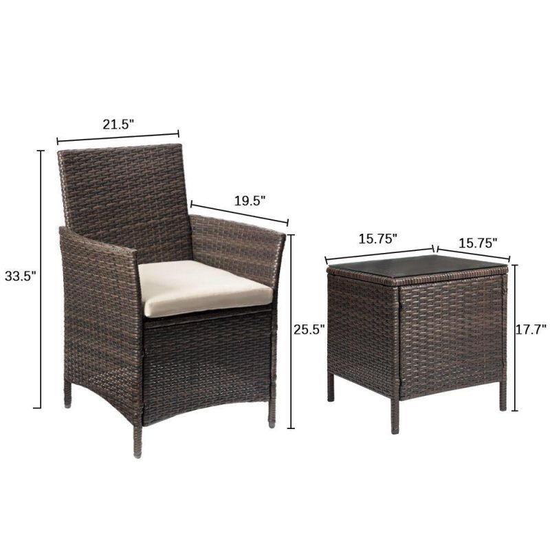 Patio Porch Furniture Sets 3 Pieces PE Rattan Wicker Chairs Beige Cushion with Table Outdoor Garden Furniture Sets (Brown)