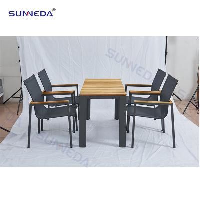 Hot Sale Outdoor Furniture Teak Wood Extensible Table Garden Set with Mesh Chairs