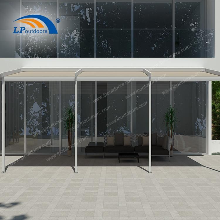 White Wall Mounted Awning Powder Coated Retractable Roof System Gazebo Attached to House