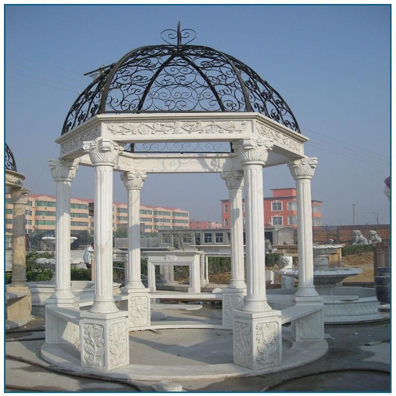 Hexagonal Stone Pavilion with Bases Colums and Black Iron Cover