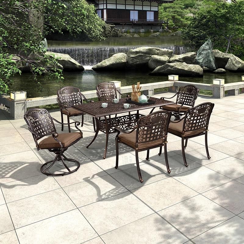 6 Seats Black Garden Dining Table Set Cast Aluminum Outdoor Furniture Metal Patio Furniture