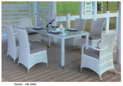 Modern Stylish Outdoor Garden Wicker Dining Furniture Sets, 6 Pieces of Chairs and 1 Piece of Table, White