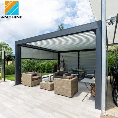 10FT X10FT Outdoor Aluminum Steel Two-Side Blind Pergola Gazebo Pavilion with Retractable Sunshade