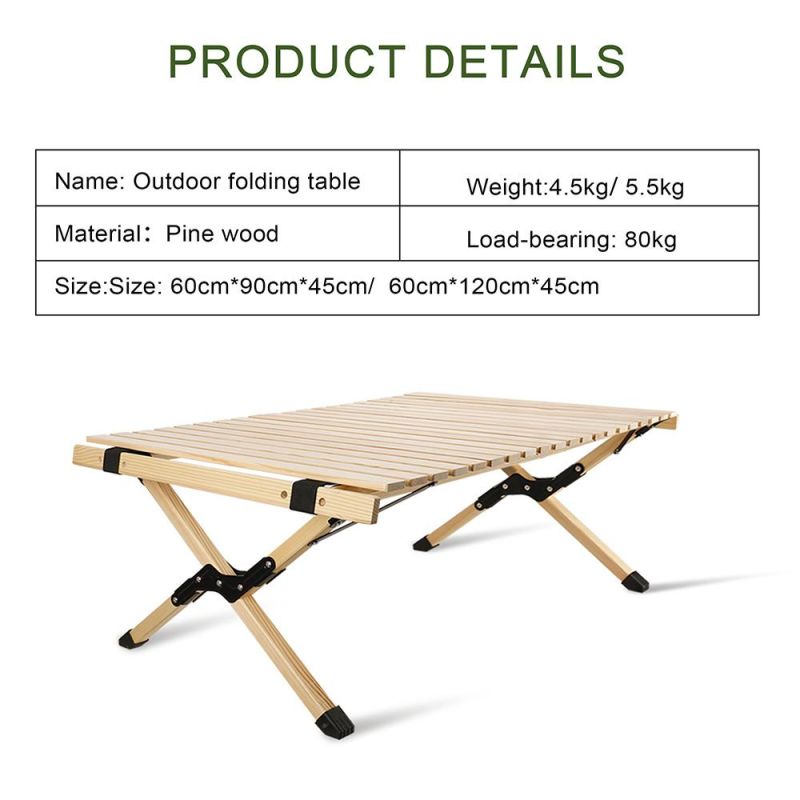 Custom Beach Picnic Wooden Portable Folding Camping Egg Wood Roll Outdoor Folding Table