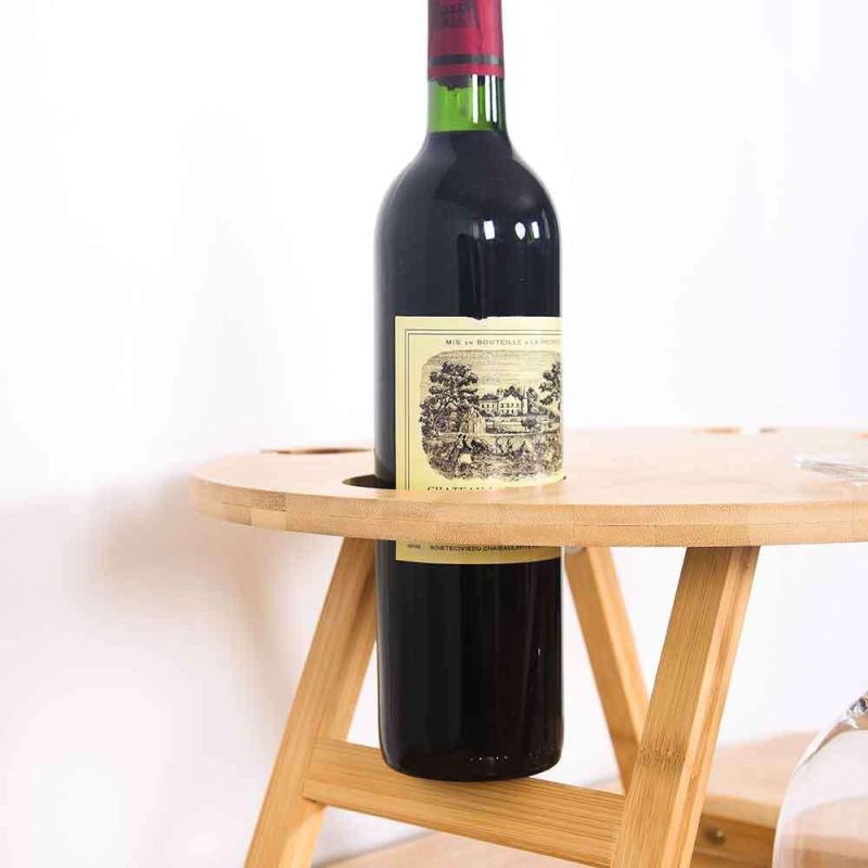 Round Wine Picnic Table with Bottle & Glass Holder Portable Bamboo Picnic Table Small Outdoor Folding Table Wooden Small Wine Table