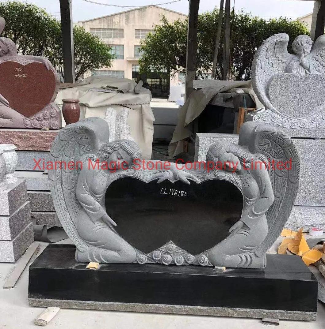 Hot Sale Absolute Black Granite Double Heart Shaped Tombstone Angel Headstone