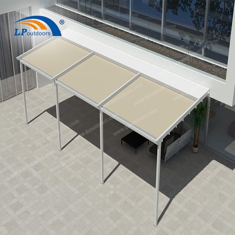 White Wall Mounted Awning Powder Coated Retractable Roof System Gazebo Attached to House