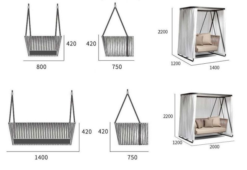 Home Patio Garden Furniture Hotel Villa Double Rectangular Wicker Rattan Swing Hanging Leisure Chair with Metal Stand