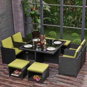 Outdoor Garden Furniture 8 Seater Black Green Eco Friendly Rattan Green Locker Stool Chair / Armchair with Large Table Set for Dining