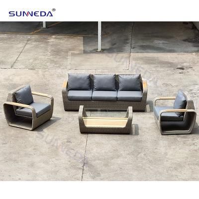 Reclining Sectional Aluminum Top Rattan Furniture Set Outdoor Leisure Balcony Teak Armrest Sofa